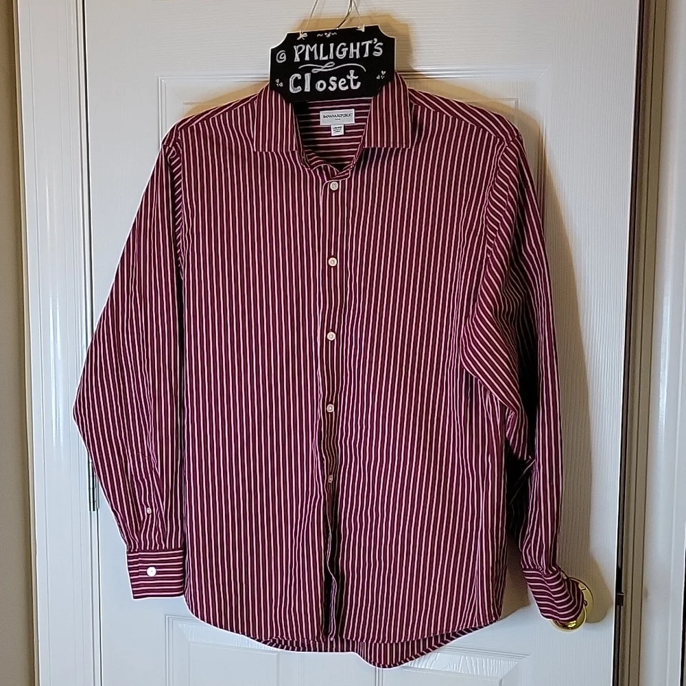 Banana Republic Large Dress Shirt Button Up Long Sleeve Red White Stripe